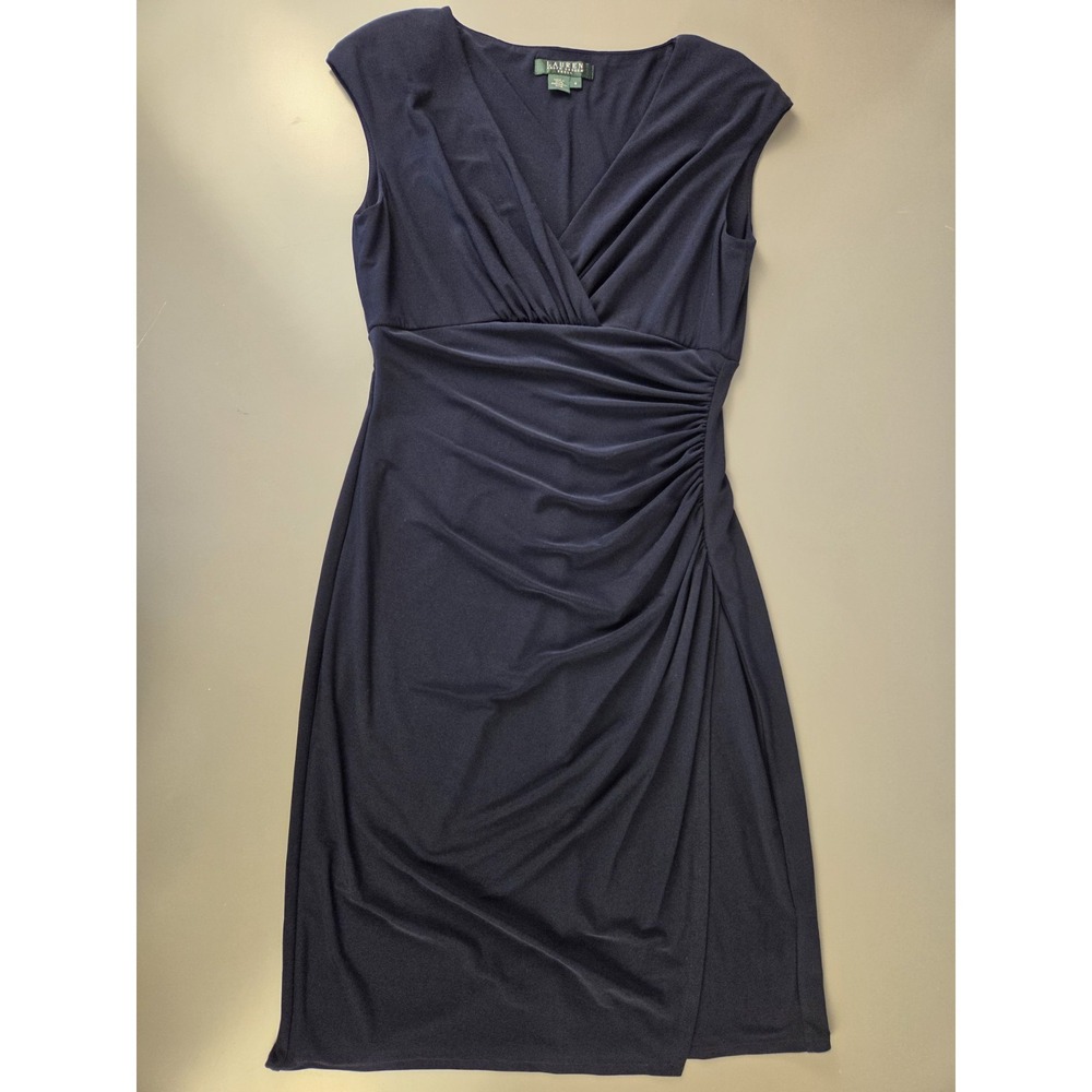 Lauren Ralph Lauren Ruched Dress Womens‎ 4 Navy Surplice Sheath Stretch Classic